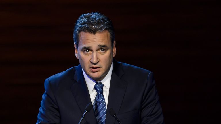 FIFA ethics prosecutor Michael Garcia delivers a speech during the 64th FIFA congress on June 11, 2014 in Sao Paulo, on the eve of the opening match of the