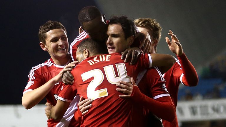 LONDON, ENGLAND - DECEMBER 06:  Middlesbrough celebrate with Kike after he scores to make it 5-1 during the Sky Bet Championship match between Millwall and