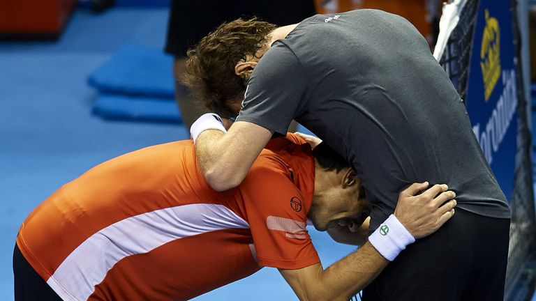 VALENCIA, SPAIN - OCTOBER 26:  Andy Murray of Great Britain (R) hugs after his men's singles final match against Tommy Robredo of Spain during day seven of