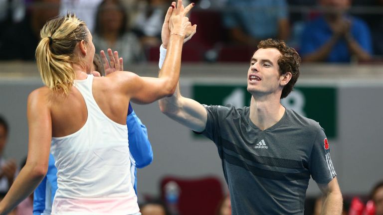 Maria Sharapova of the Manila Mavericks celebrates with team mate Andy Murray after victory against the UAE Royals