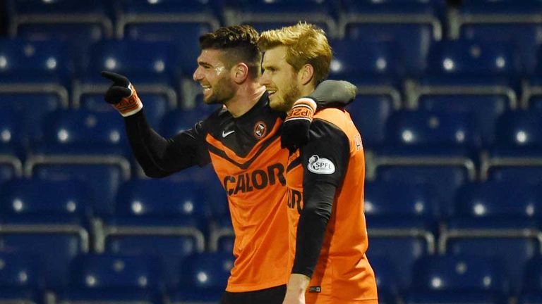 Nadir Ciftci celebrates with Dundee United team-mate Stuart Armstrong