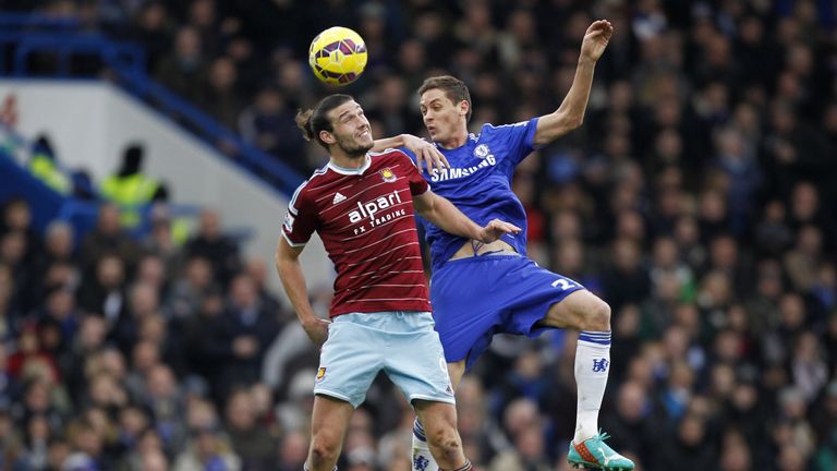 Chelsea's Serbian midfielder Nemanja Matic (R) vies with West Ham United's English striker Andy Carroll (L)