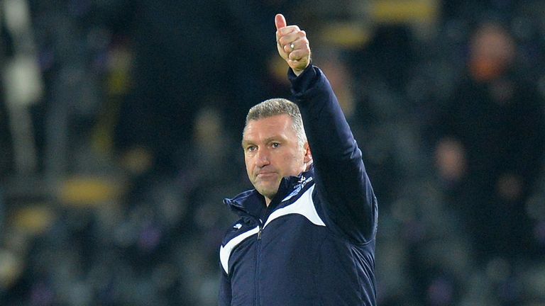 Nigel Pearson celebrates Leicester's 1-0 victory at Hull