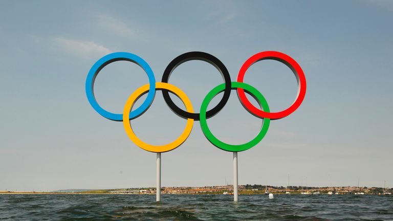 A general view of Olympic rings set in the sea at the Weymouth and Portland Sailing Academy, the sailing venue of the London Olympics.