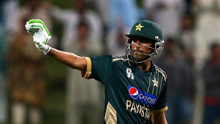 Younis Khan of Pakistan celebrates after reaching his century during the 4th One Day International match against New Zealand