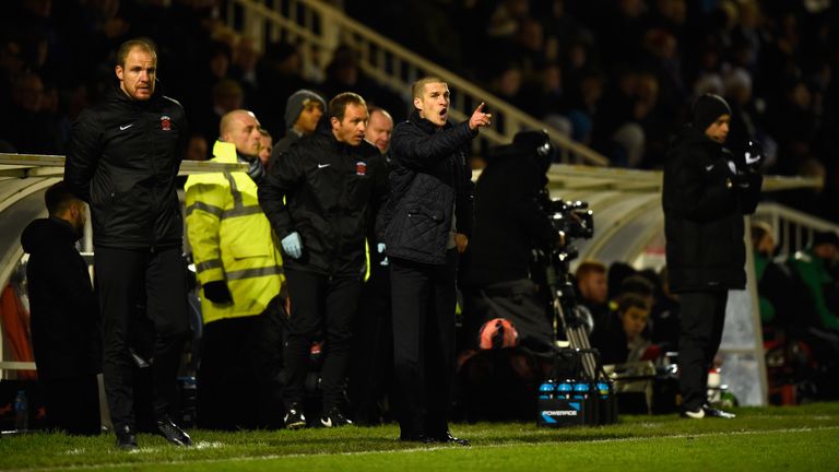 Hartlepool manager Paul Murray (c) reacts during the FA Cup Second round match between Hartlepool United and Blyth Spartans