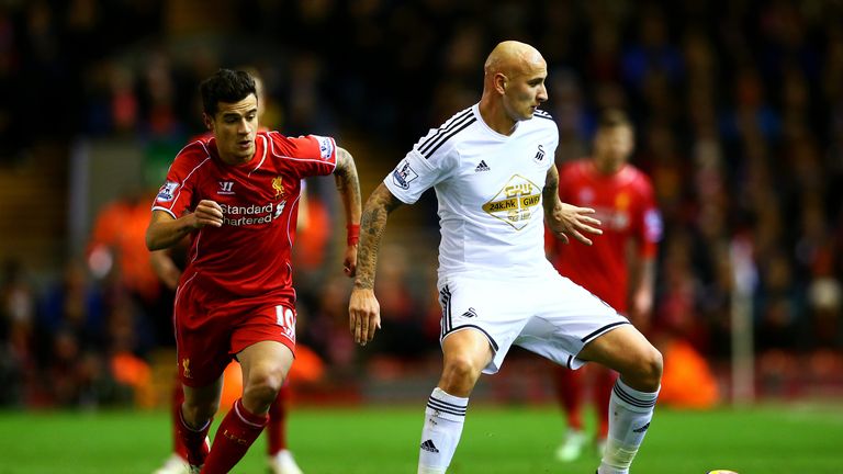Jonjo Shelvey passes the ball under pressure from Philippe Coutinho