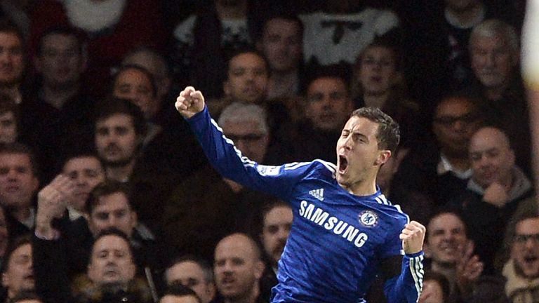Chelsea's Eden Hazard celebrates scoring the first goal against Tottenham.