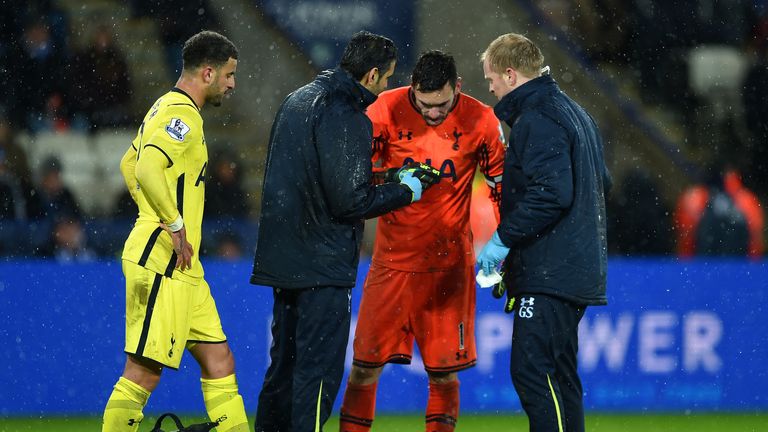 Hugo Lloris of Spurs receives treatment for an injury during the Barclays Premier League match between Leicester City