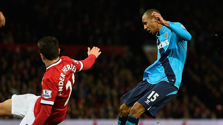 Steven Nzonzi of Stoke City scores against Manchester United