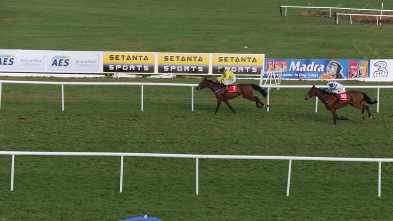 Martello Tower ridden by jockey Patrick Mullins (left) on their way to victory in the Peggy Barry-Walsh Memorial (Pro/Am) Flat Race at Punchestown.