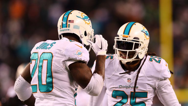EAST RUTHERFORD, NJ - DECEMBER 01:  Reshad Jones #20 of the Miami Dolphins celebrates with Louis Delmas #25 after intercepting a ball intended for Jeff Cum