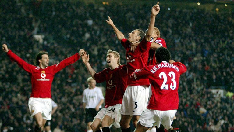 Manchester United's Rio Ferdinand celebrates scoring in injury time against Liverpool during their English Premiership soccer match in January 2006