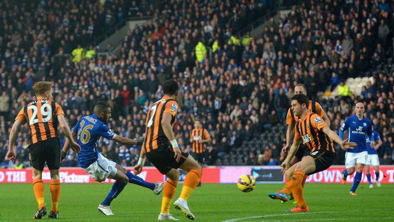 Riyad Mahrez of Leicester City scores the opening goal during the Barclays Premier League match between Hull City and Leicester City
