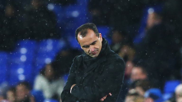 Roberto Martinez, manager of Everton looks dejected Europa League Group H 