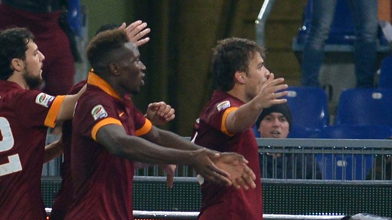 Roma's forward from Serbia Adem Ljajic (R) celebrates his second goal during the Italian Serie A football match  As 