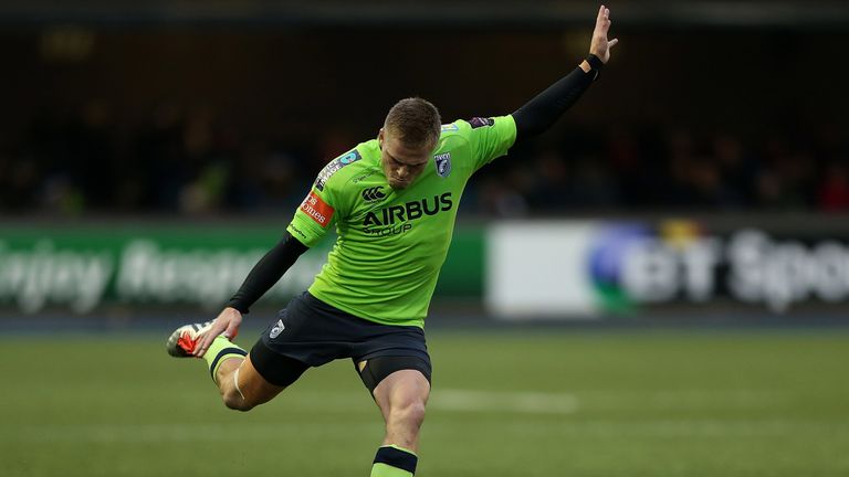 CARDIFF, WALES - DECEMBER 06:  Gareth Anscombe of Cardiff kicks a penalty during the European Rugby Challenge Cup match between Cardiff Blues and London Ir