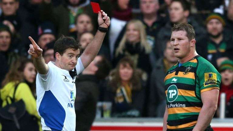 Northampton captain Dylan Hartley is sent off by referee JP Doyle during the Aviva Premiership match