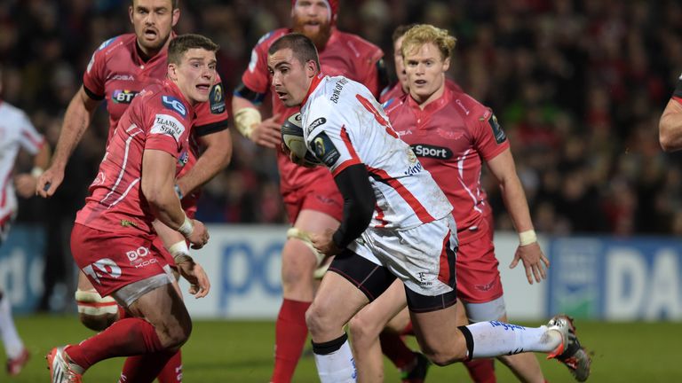 Ulster's Ruan Pienaar goes over for a try against Scarlets