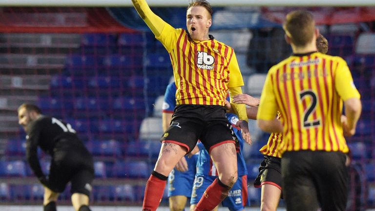 Ryan Stevenson jumps for joy after scoring his second goal at Inverness on Saturday