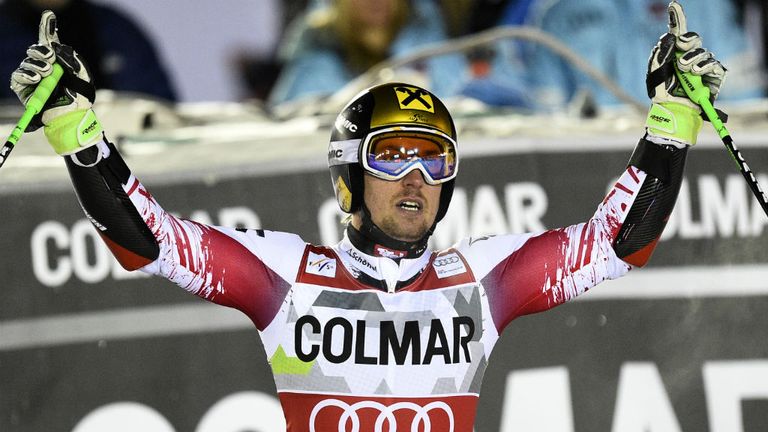 Marcel Hirscher takes first place during the Audi FIS Alpine Ski World Cup Men's Giant Slalom