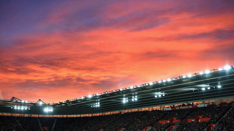 SOUTHAMPTON, ENGLAND - DECEMBER 20: The sunsets  during the Barclays Premier League match between Southampton and Everton at St Mary's Stadium on December 