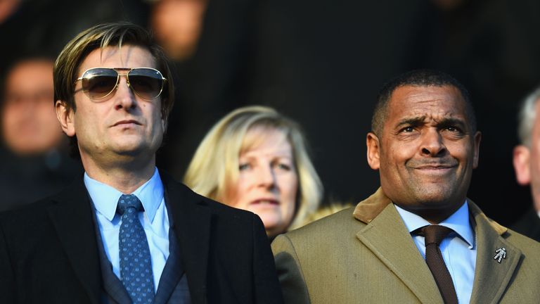 Steve Parish, co-Chairman of Crystal Palace (L) and ex-player Mark Bright look on prior to QPR and Crystal Palace at Loftus Road