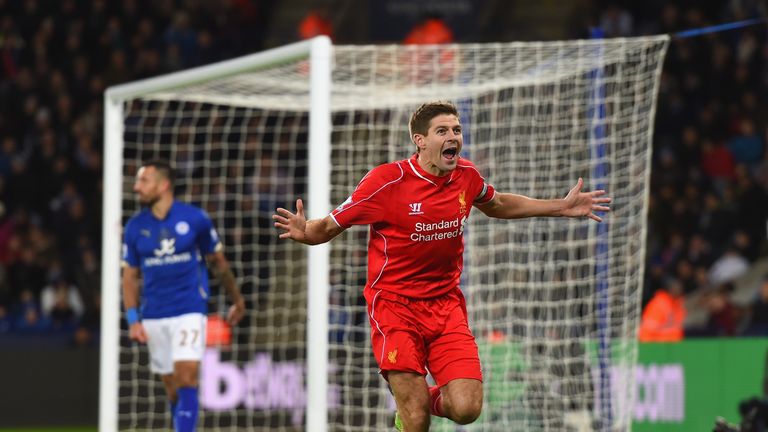 Steven Gerrard of Liverpool celebrates after scoring his team's second goal during the Barclays Premier League match at Leicester