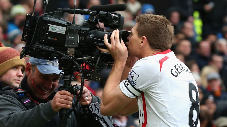 Steven Gerrard of Liverpool celebrates scoring the second goal by kissing the camera during the Premier League against Manchester United in March 2014