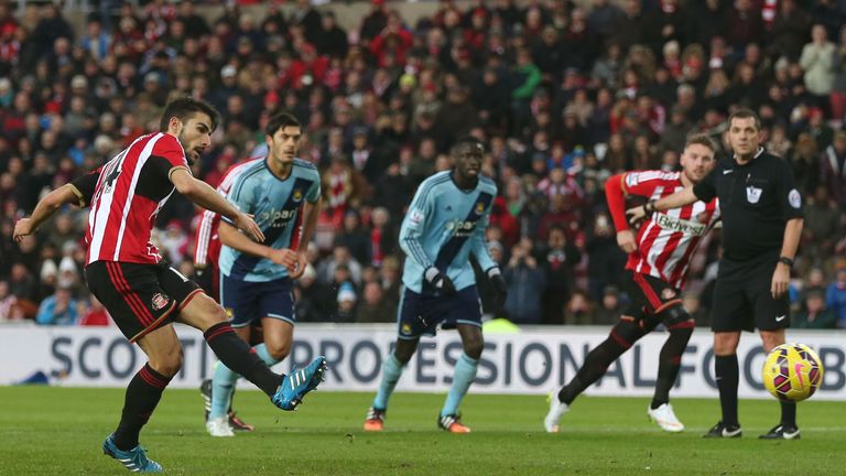 Sunderland's Jordi Gomez scores the opening goal from the penalty spot against West Ham