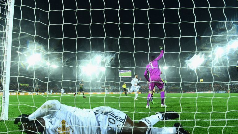 Wilfried Bony ends up in the back of the net after a near miss