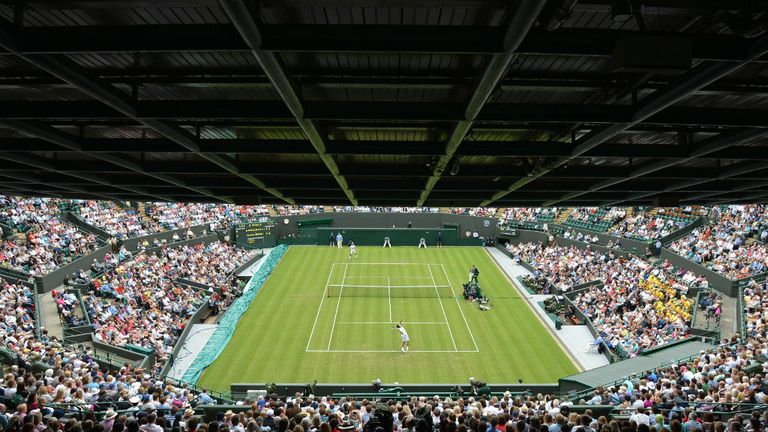 A view of Wimbledon No 1 Court during the first round men's singles match between Jo-Wilfried Tsonga and Lleyton Hewitt 