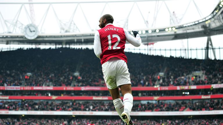 Arsenal's French striker Thierry Henry celebrates scoring their seventh goal during their 7-1 win in the English Premier League 