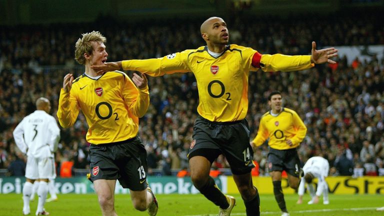  Thierry Henry celebrates scoring the first goal for Arsenal during the UEFA Champions League match against Real Madrid in the Bernabeu in February 2006
