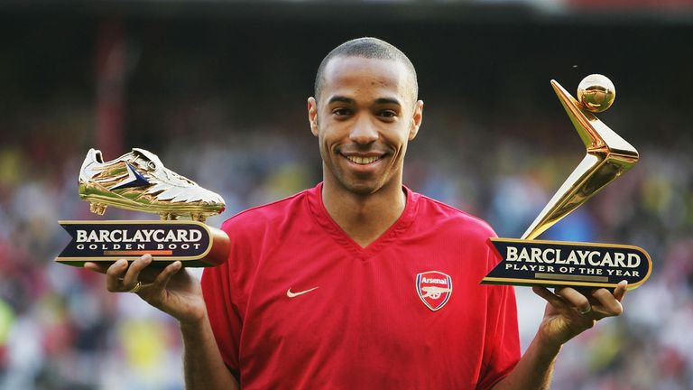 May 17, 2004:  Thierry Henry poses with his Golden Boot and Barclaycard Premiership Player of the Year award