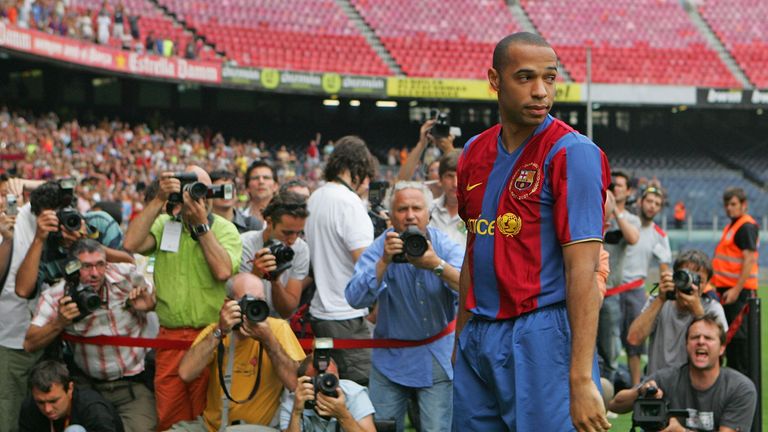 June 25, 2007:  Henry is presented to the media at the Camp Nou stadium after signing for Barcelona