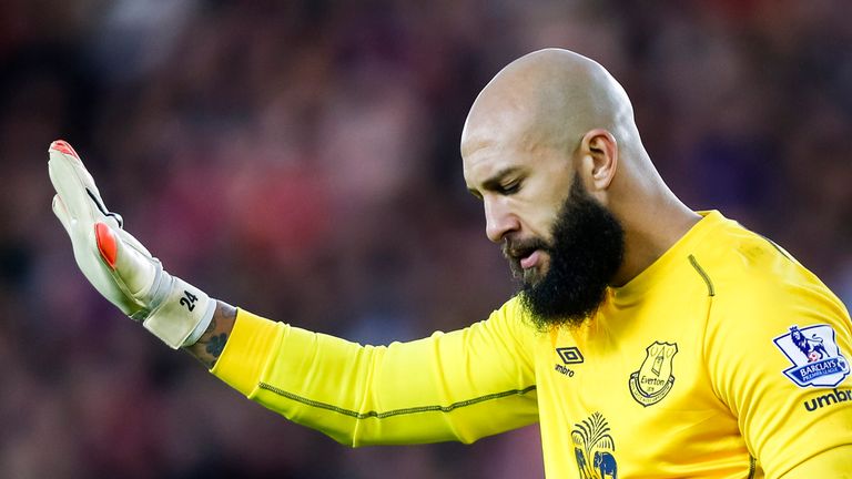 Everton's Tim Howard reacts during the Barclays Premier League match at St. Mary's Stadium, Southampton.