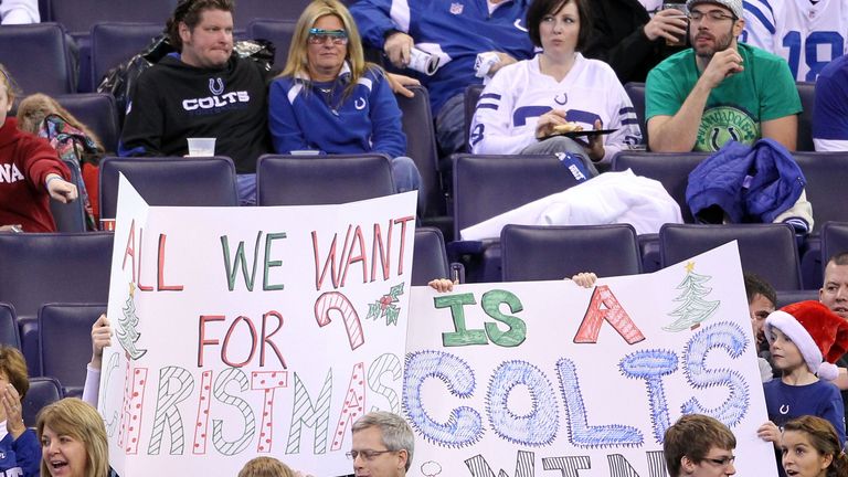 INDIANAPOLIS, IN - DECEMBER 18:  Fans hold a sign showing their christmas wish  during the Indianapolis Colts 27-13 win over the Tennessee Titans in the NF
