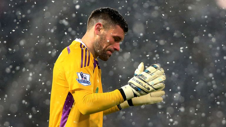 West Bromwich Albion's Ben Foster shows his dejection as the snow fall during 3.0 home defeat to Manchester City, during the Barclays Premier League match 