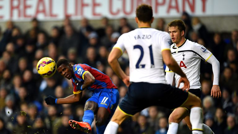 Wilfried Zaha of Crystal Palace shoots at goal during the Barclays Premier League match between Tottenham Hotspur and Crystal Palace at White Hart Lane