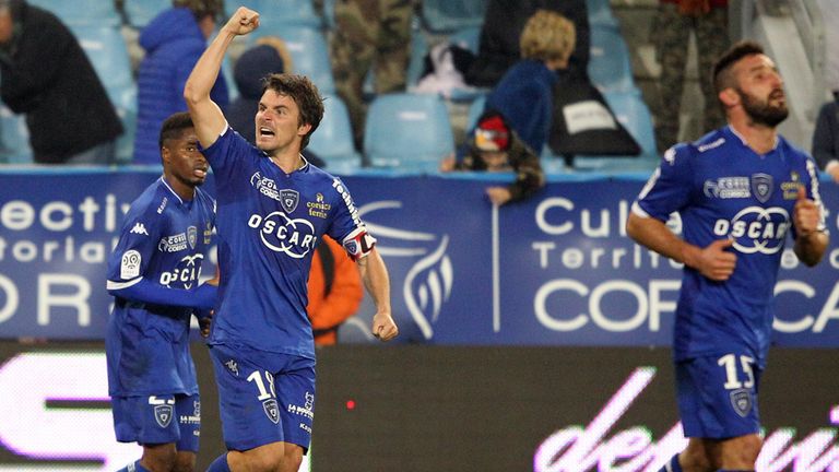 Bastia's French midfielder Yannick Cahuzac celebrates after scoring a goal during the French L1 football match Bastia (SCB) against Rennes