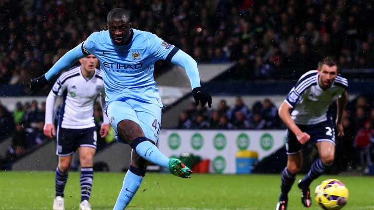 Yaya Toure of Manchester City scores his team's second goal from the penalty spot during the Premier League match at West Bromwich Albion on December 26