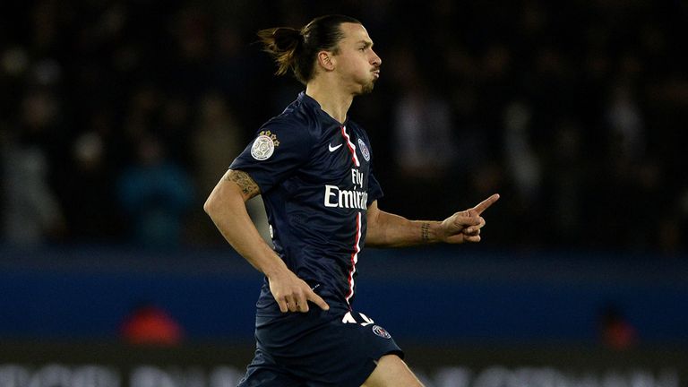 Paris Saint-Germain's Swedish forward Zlatan Ibrahimovic celebrates after scoring a second goal during the French 