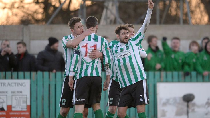 Blyth Spartans' Robert Dale (11) celebrates scoring his sides first goal of the game with team-mates during the FA Cup Third Round match at Croft Park