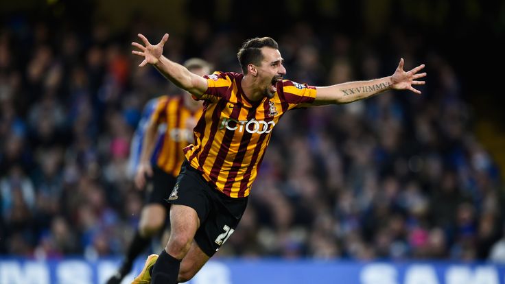 Filipe Morais of Bradford City celebrates after scoring his team's second goal to level the scores at 2-2