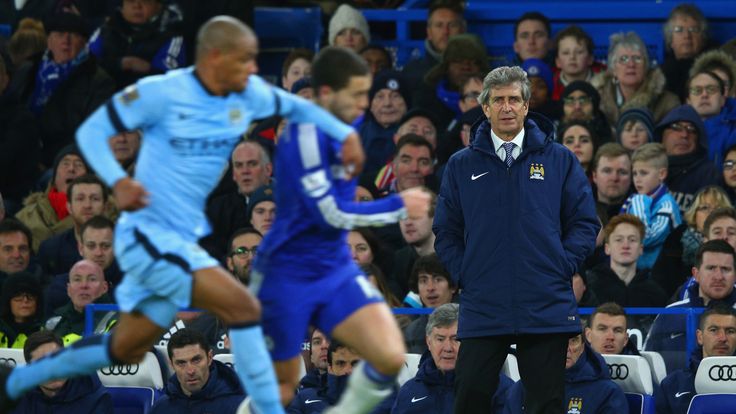Manuel Pellegrini, manager of Manchester City watches play against Chelsea