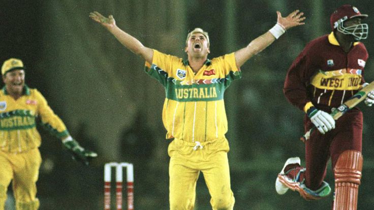 14 Mar 1996: Shane Warne of Australia celebrates trapping Ian Bishop lbw during the Semi Final match between Australia and West Indies