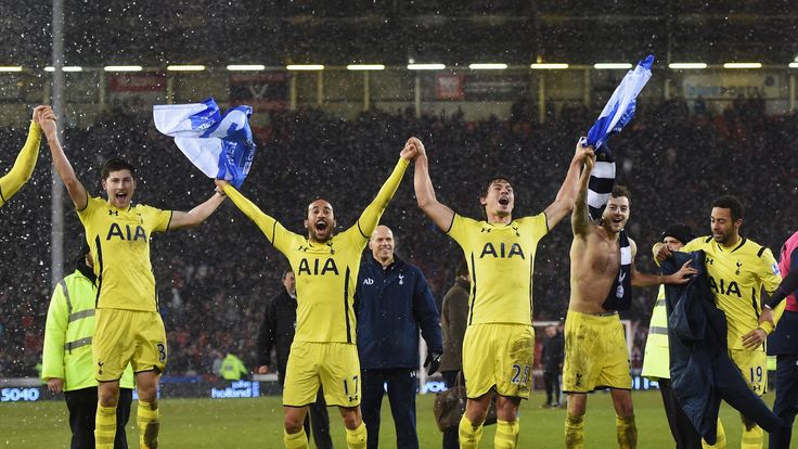 Spurs players celebrate after the Capital One Cup Semi-Final Second Leg match between Sheffield United and Tottenham
