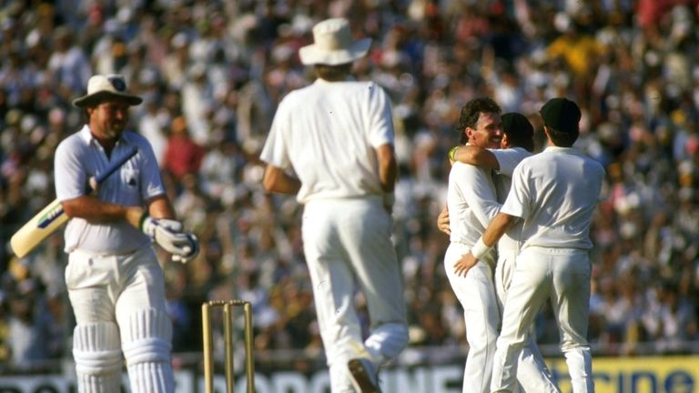 Nov 1987:  Allan Border of Australia is congratulated by team-mates after capturing the wicket of England captain Mike Gatting in the final of the World Cu