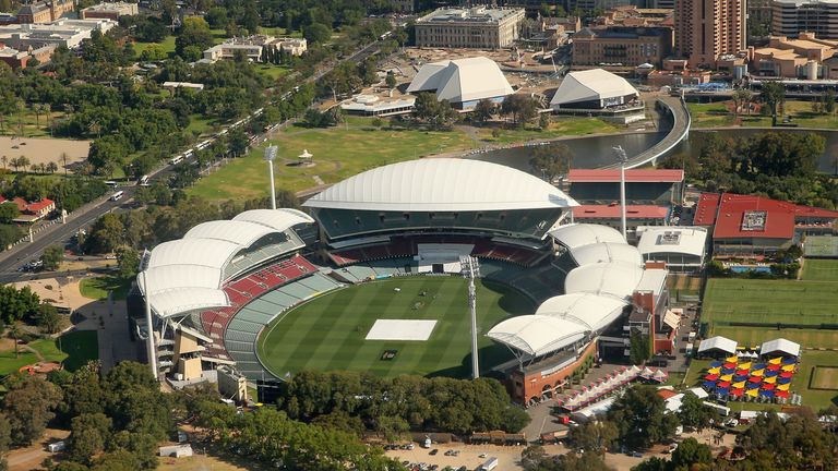 ADELAIDE, AUSTRALIA - DECEMBER 08:  An aerial view of the Adelaide Oval during an Australian nets session at the Adelaide Oval on December 8, 2014 in Adela